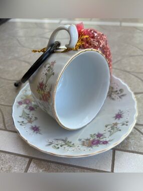 Vintage Floral Cup and Saucer- Pink and Green Floral Bird Feeder